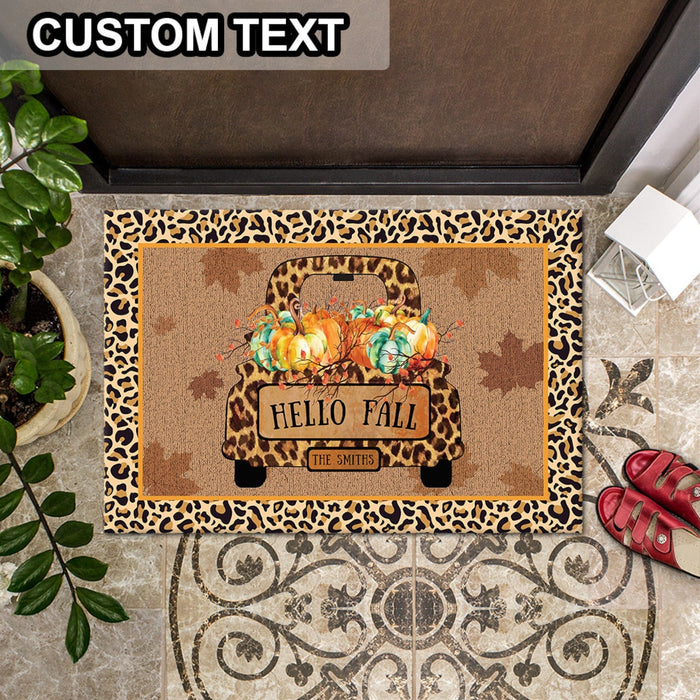 Personalized Welcome Doormat Hello Fall Pumpkin Truck With Maple Leaves Printed Leopard Design Custom Family Name