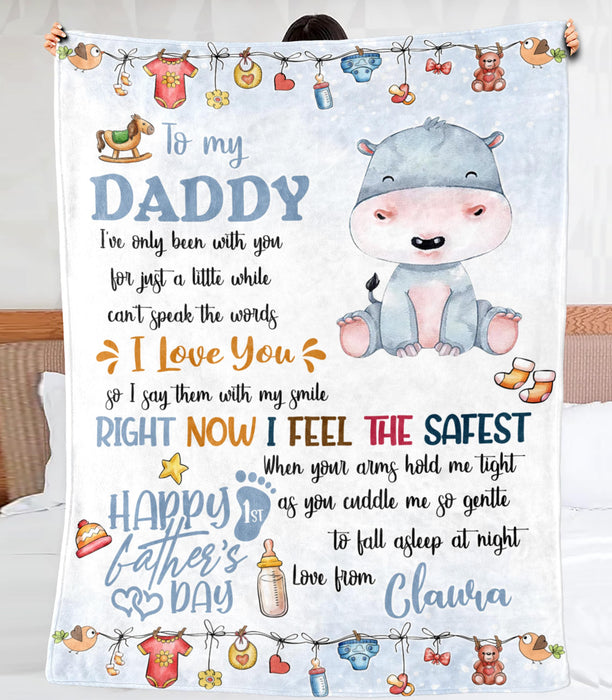Personalized Blanket To My New Dad From Baby Bump Happy First Father's Day Cute Baby Hippo Print Custom Name