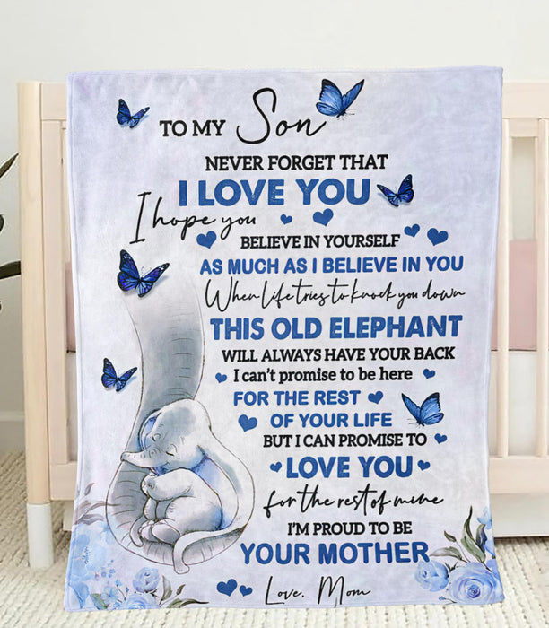 Personalized To My Son Blanket From Mom Cute Elephant Butterfly & Blue Flower Printed Never Forget That I Love You