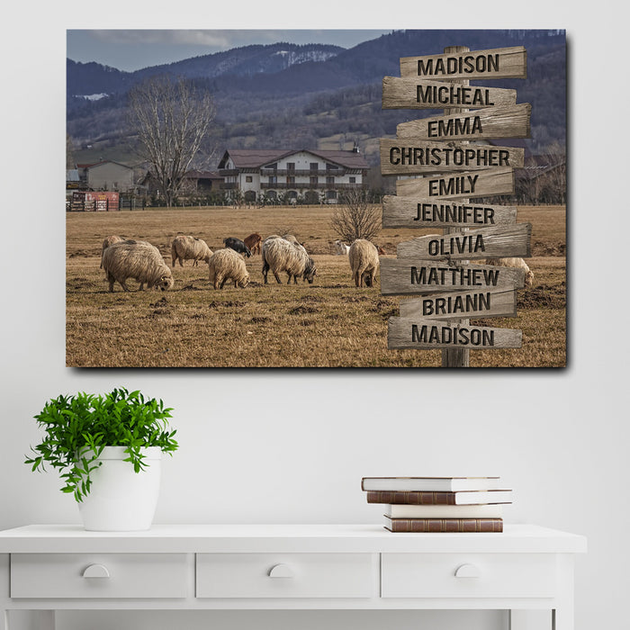 Personalized Canvas Wall Art Gifts For Family Sheep Grazing On Dry Grass Pasture Custom Name Poster Prints Wall Decor