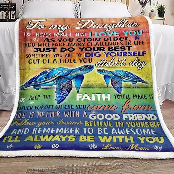 Personalized To My Daughter From Mom I Love You As You Grow Older Turtle Fleece Blanket Rainbow Color Background