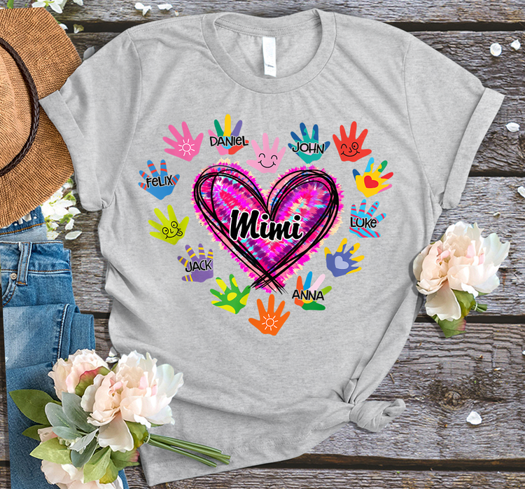 Personalized T-Shirt For Grandma Mimi Heart Tie Dye Design Colorful Handprints Printed Custom Grandkids Name