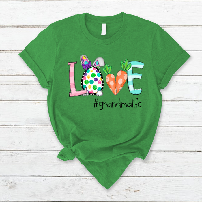 Personalized T-Shirt For Grandma Love Hashtag Grandma Life Cute Bunny & Carrot Printed Happy Easter Day Shirt
