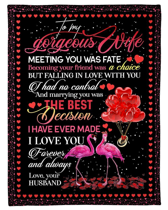 Personalized Valentine Blanket To My Gorgeous Wife Meeting You Was Fate Prints Flamingo & Red Heart Blanket Custom Name