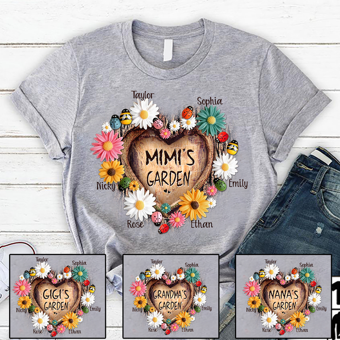 Personalized T-Shirt For Grandma Mimi's Garden Colorful Flower Heart & Bugs Printed Custom Grandkids Name