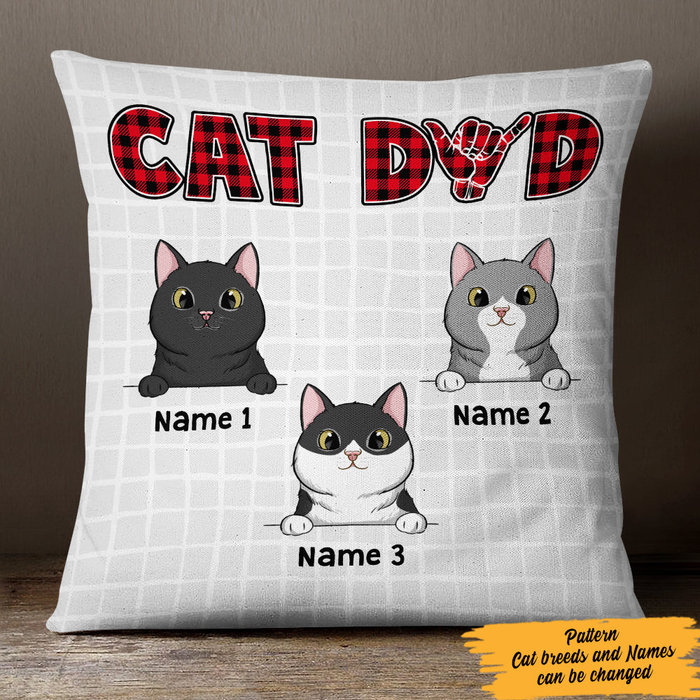 Personalized Square Pillow Gifts For Cat Owners Red Plaid Cat Mom Dad Custom Name Sofa Cushion For Christmas Xmas