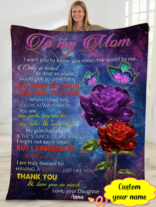 Personalized Lovely Blanket To My Mom Butterfly & Rose Fleece Blanket For Mothers Day Custom Name