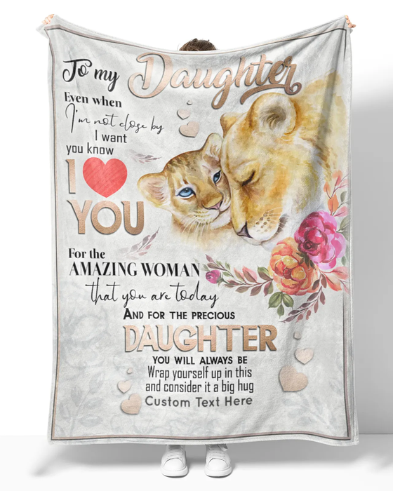 Personalized White Fleece Blanket To My Daughter Flower & Lion Hugged Premium Blankets Custom Name