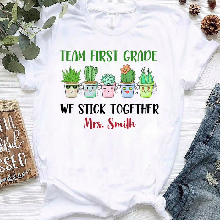 Personalized Unisex T-Shirt For Teachers Team First Grade Cute Funny Cactus Printed Custom Name Back To School Outfit