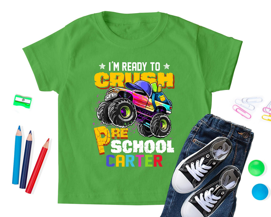 Personalized T-Shirt Gifts For Kids Monster Truck Ready To Crush Preschool Custom Name & Grade Back To School Outfit