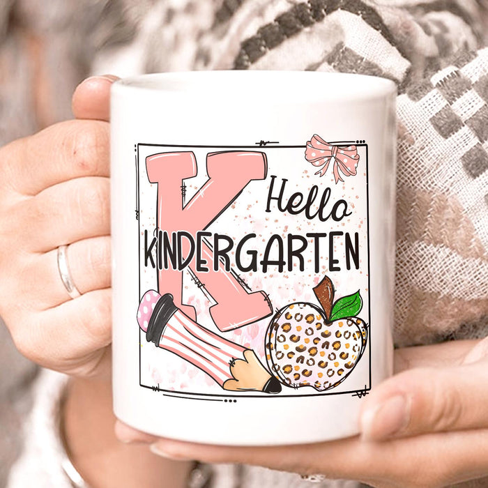 Personalized Ceramic Coffee Mug Hello Kindergarten Pencil & Apple Print Custom Grade 11 15oz Back To School Cup