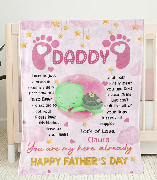 Personalized Fleece Sherpa Blanket From Baby Girl To Expecting Dad Cute Turtle I Just Can't Wait For First Father's Day