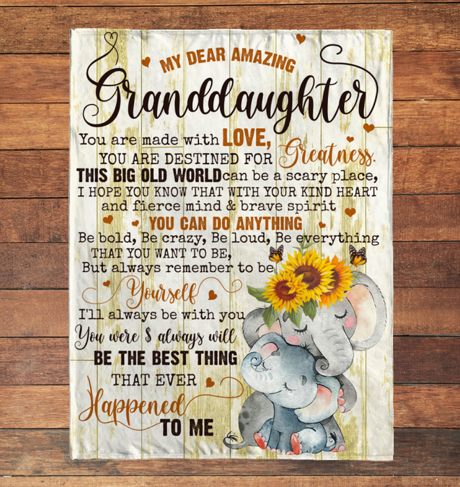 Personalized Fleece Blanket For Granddaughter From Grandparent You Are Made With Love Cute Elephant & Sunflower Printed