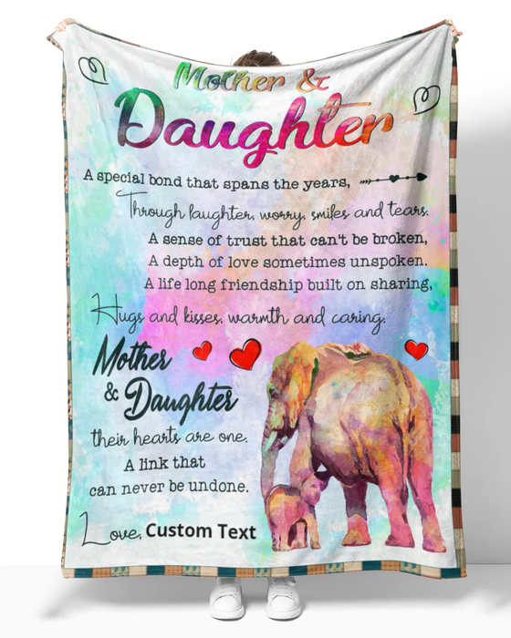 Personalized Fleece Blanket For Mother & Daughter Watercolor Elephants Family Blankets Custom Name