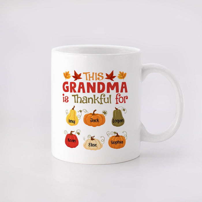 Personalized Ceramic Coffee Mug This Grandma Is Thankful Autumn Leaf & Pumpkin Custom Grandkids Name 11 15oz Cup