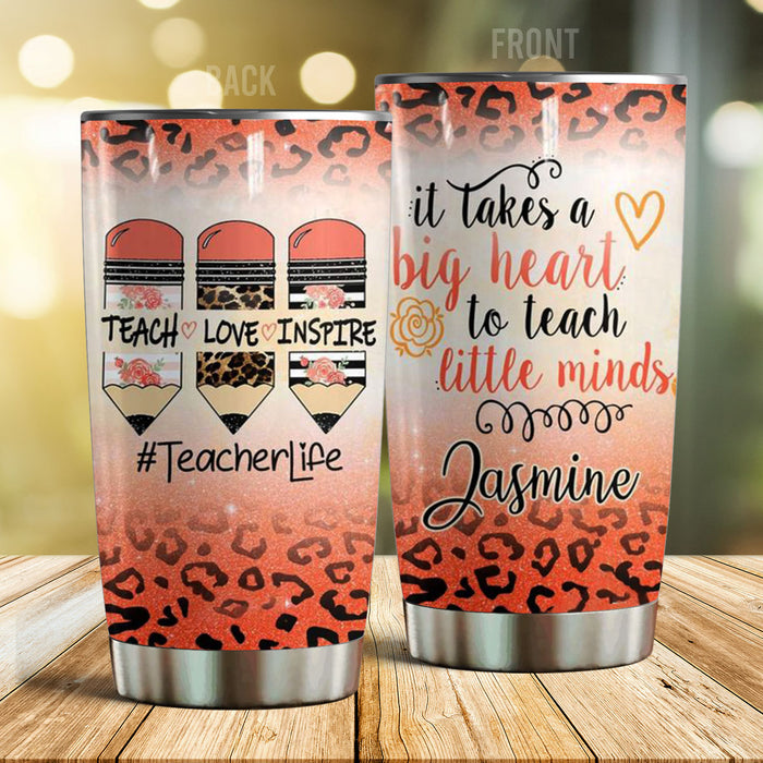 Personalized Travel Cup Teacher Orange Leopard Crayon It Takes A Big Heart 20oz Tumbler Custom Name Back To School Gifts