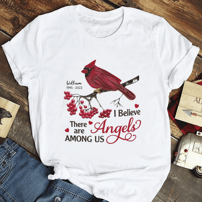 Personalized Memorial T-Shirt For Loss Of Loved Ones There Are Angels Around Us Red Bird Custom Name Memorial Gifts