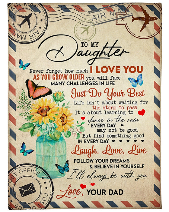 Personalized Blanket To My Daughter From Dad Vintage Design Butterfly & Sunflower Print Airmail Design Custom Name