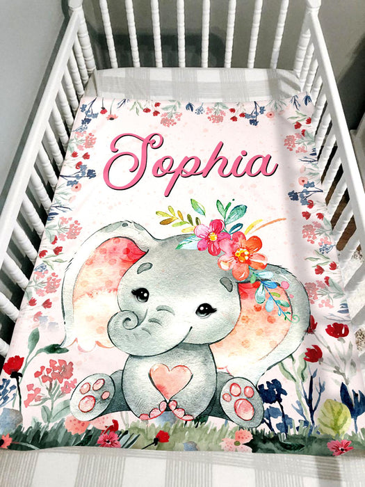 Personalized Baby Blanket For Daughter Cute Elephant & Colorful Flower Printed Custom Name Baby Reveal Blanket