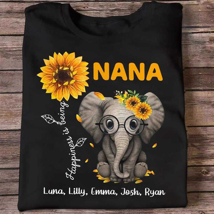 Personalized T-Shirt For Grandma Nana Elephant & Sunflower Printed Custom Grandkids Name Mother'S Day Shirt