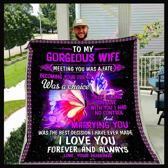 Personalizd Valentine Blanket To My Gorgeous Wife Meeting You Was Fate Pink Butterfly Couple Print Custom Name
