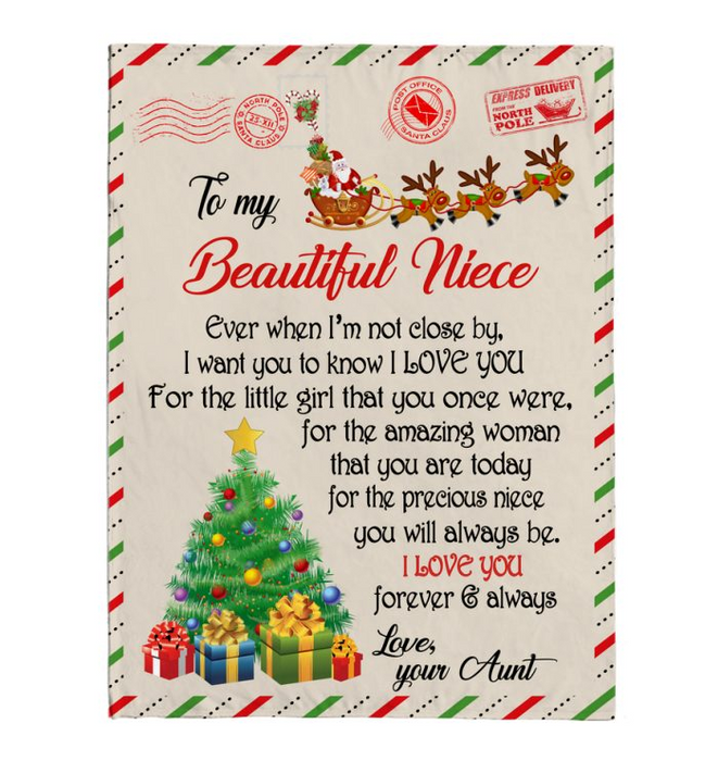 Personalized To My Beautiful Niece From Aunt I Love You Forever Christmas Tree Stamp Envelope Fleece Sherpa Mink Blanket