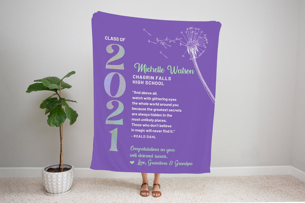 Personalized Graduation Blanket For Grandkids From Grandpa & Grandma Class Of 2022 Custom Name Dandelion Printed