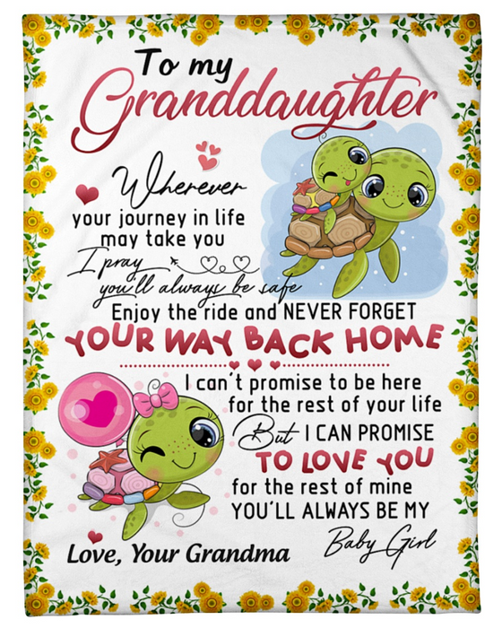 Personalized Lovely Blanket To My Granddaughter Green Turtle Hugged Fleece Blankets Custom Name