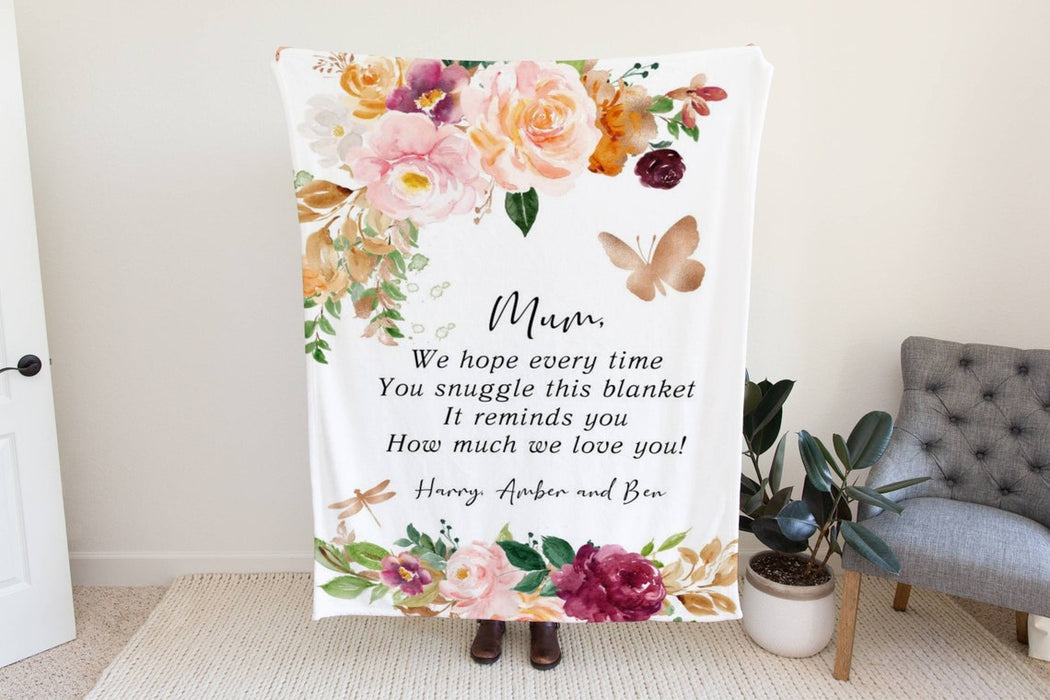 Personalized To My Mom Blanket From Son Daughter Every Time You Snuggle This Blanket Flower Printed Custom Names