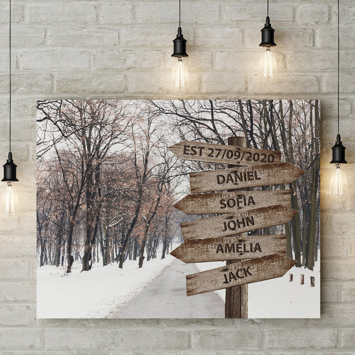 Personalized Wall Art Canvas For Family Snow Winter Road Vintage Street Sign Poster Custom Multi Name & Date