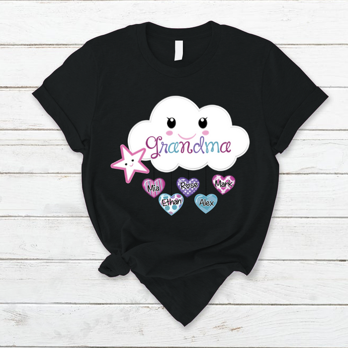 Personalized T-Shirt For Grandma Raining Heart Cloud & Star Printed Custom Grandkids Name Mother'S Day Shirt