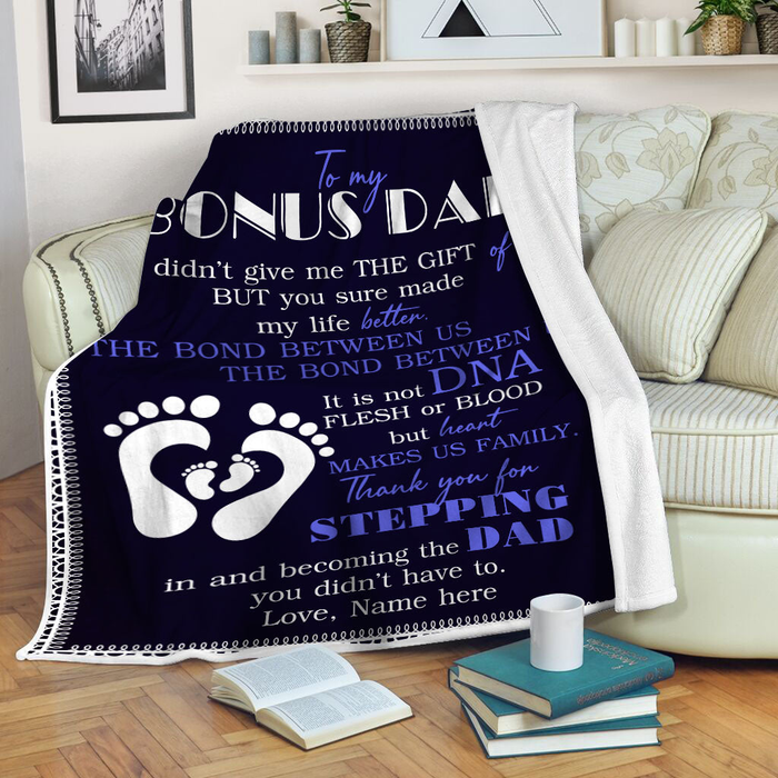 Personalized To My Bonus Dad Blanket From Son Daughter Heart Footprint Make Us Family Custom Name Gifts For Christmas