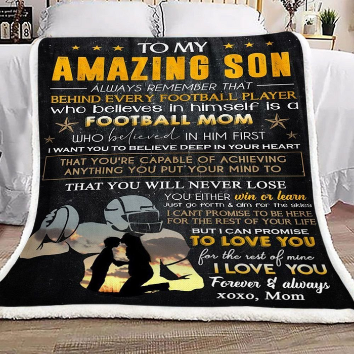 Personalized American Football To My Amazing Son Sherpa Fleece Blanket From Mom I Want You To Believe Deep In Your Heart