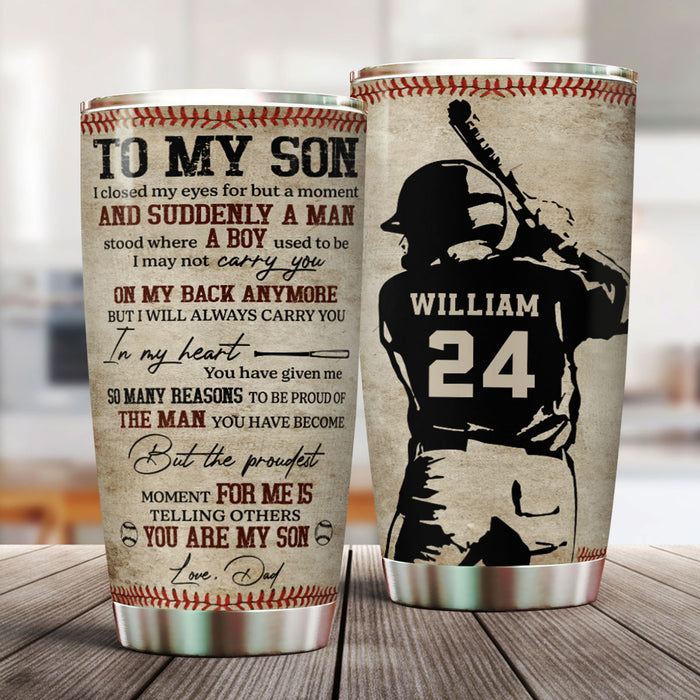 Personalized To My Son Tumbler From Dad Mom Baseball Lovers Carry You In My Heart Custom Name Travel Cup Birthday Gifts