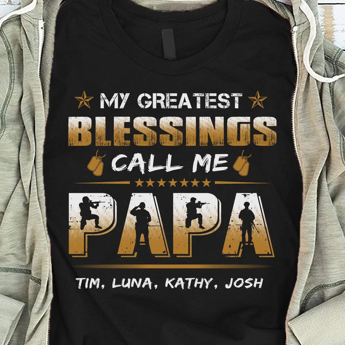 Personalized T-Shirt For Grandpa My Greatest Blessings Call Me Papa American Soldiers Printed Custom Grandkid's Name