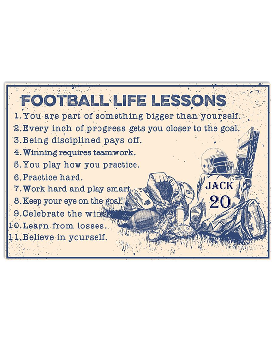 Personalized Football Life Lessons Canvas Poster For Football Lovers Rustic Design Custom Name & Jersey Number