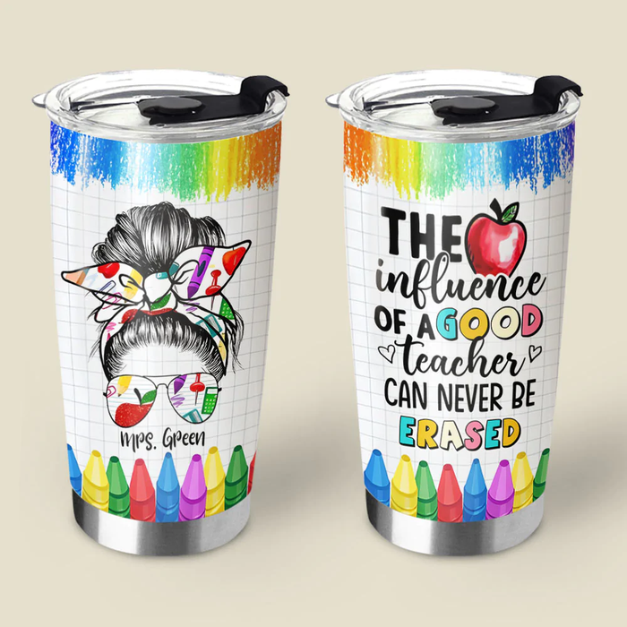 Personalized Tumbler For Teacher 20oz Cup Custom Name Crayon Influence Of A Good Teacher Messy Bun Back To School Gifts