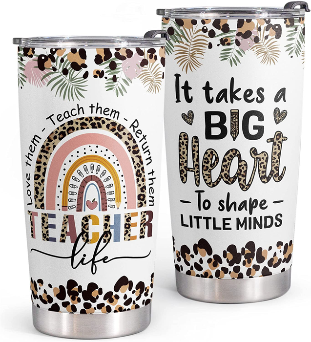 Funny Tumbler For Teacher Appreciation Leopard Boho Rainbow It Takes A Big Heart Travel Cup Gifts For Back To School