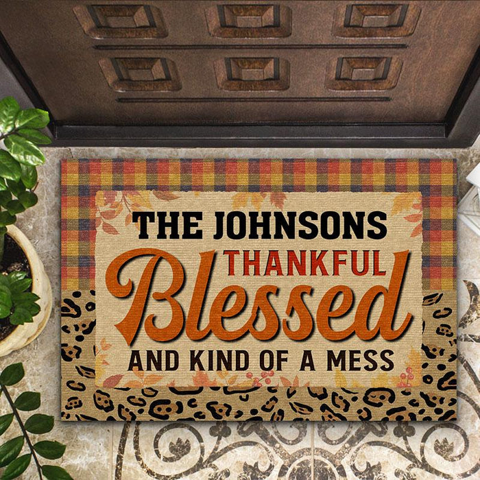Personalized Welcome Doormat Thankful Blessed And Kind Of A Mess Leaves Printed Leopard Plaid Design Custom Family Name