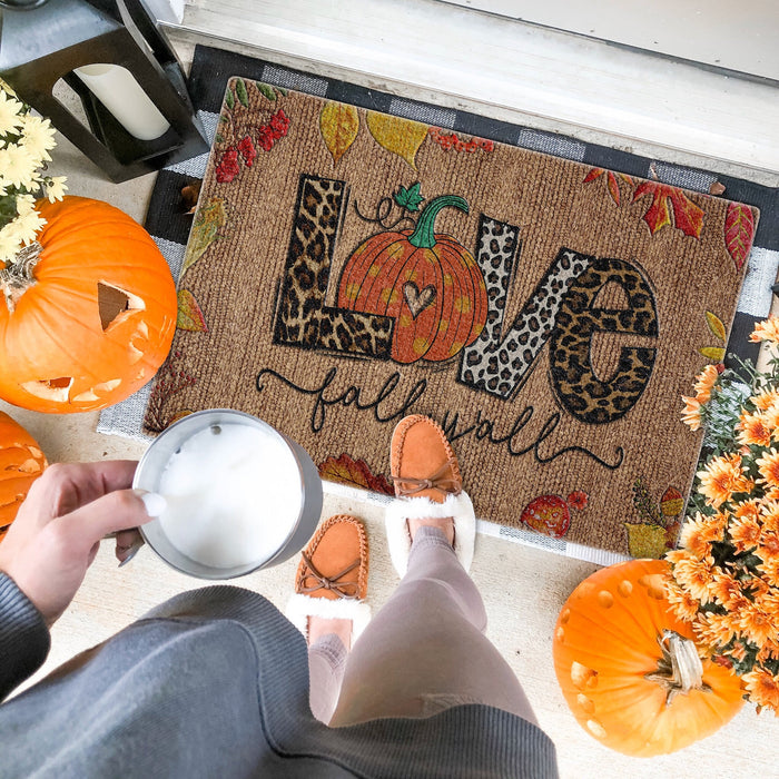 Welcome Doormat For Fall Lovers Love Fall Y'all Cute Pumpkin With Heart And Leaves Printed Leopard Polka Dot Design