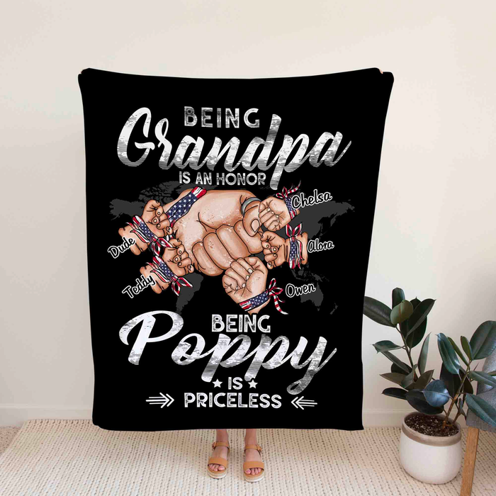 Personalized Blanket Gifts For Grandpa From Grandkids Being Papa Is An Honor American Flag Custom Name For Christmas