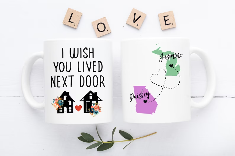 Personalized Ceramic Coffee Mug For Bestie BFF I Wish You Lived Next Door Cute House Print Custom Name 11 15oz Cup