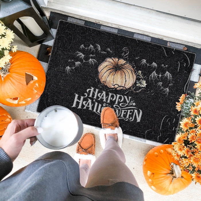 Welcome Doormat Happy Halloween Cute Pumpkin With Bats Printed Black Background Funny Doormat Spooky Decor