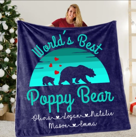 Personalized Fleece Blanket For Grandpa Dad Vintage Poppy Bear Family Sherpa Blanket Custom Title & Grandkids Name
