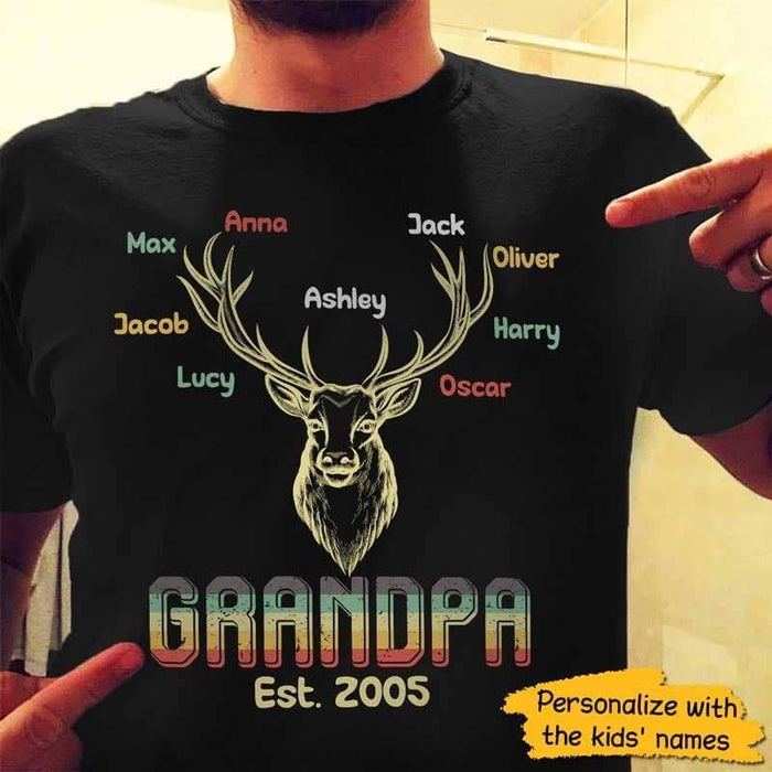 Personalized T-Shirt For Hunting Lovers Grandpa Est. Year Deer Hunting Custom Grandkids Name Father'S Day Vintage Shirt