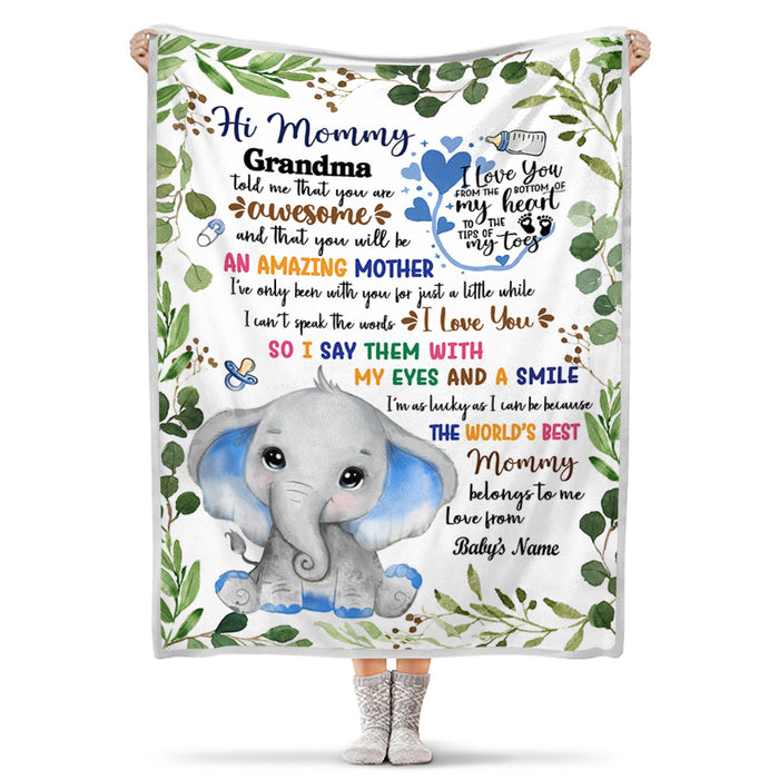 Personalized Blanket Hi Mommy Grandma Told Me That You Are Awesome Cute Elephant With Leaves Printed Custom Name