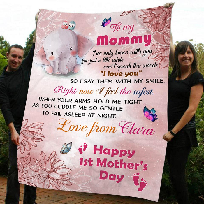 Personalized 1st Mothers Day Blanket To My New Mommy To Be Cute Elephant & Butterfly Blanket Custom Name & Background