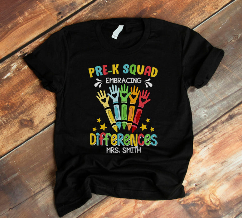 Personalized T-Shirt For Teachers Embracing Differences Colorful Handprint Crayon Custom Name Back To School Outfit