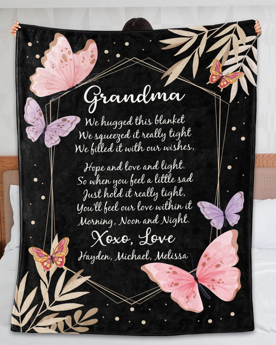 Personalized Blanket For Grandma We Hugged This Blanket Colorful Butterfly Printed Geometry Design Custom Grandkids Name