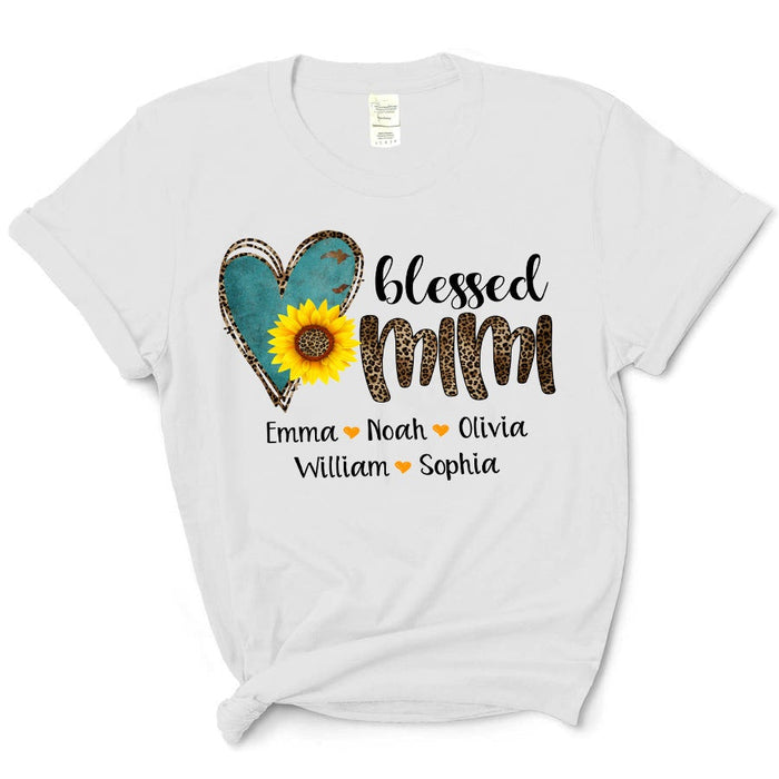 Personalized T-Shirt For Grandma Blessed Mimi Leopard Heart & Sunflower Printed Custom Grandkids Name Mother'S Day Shirt